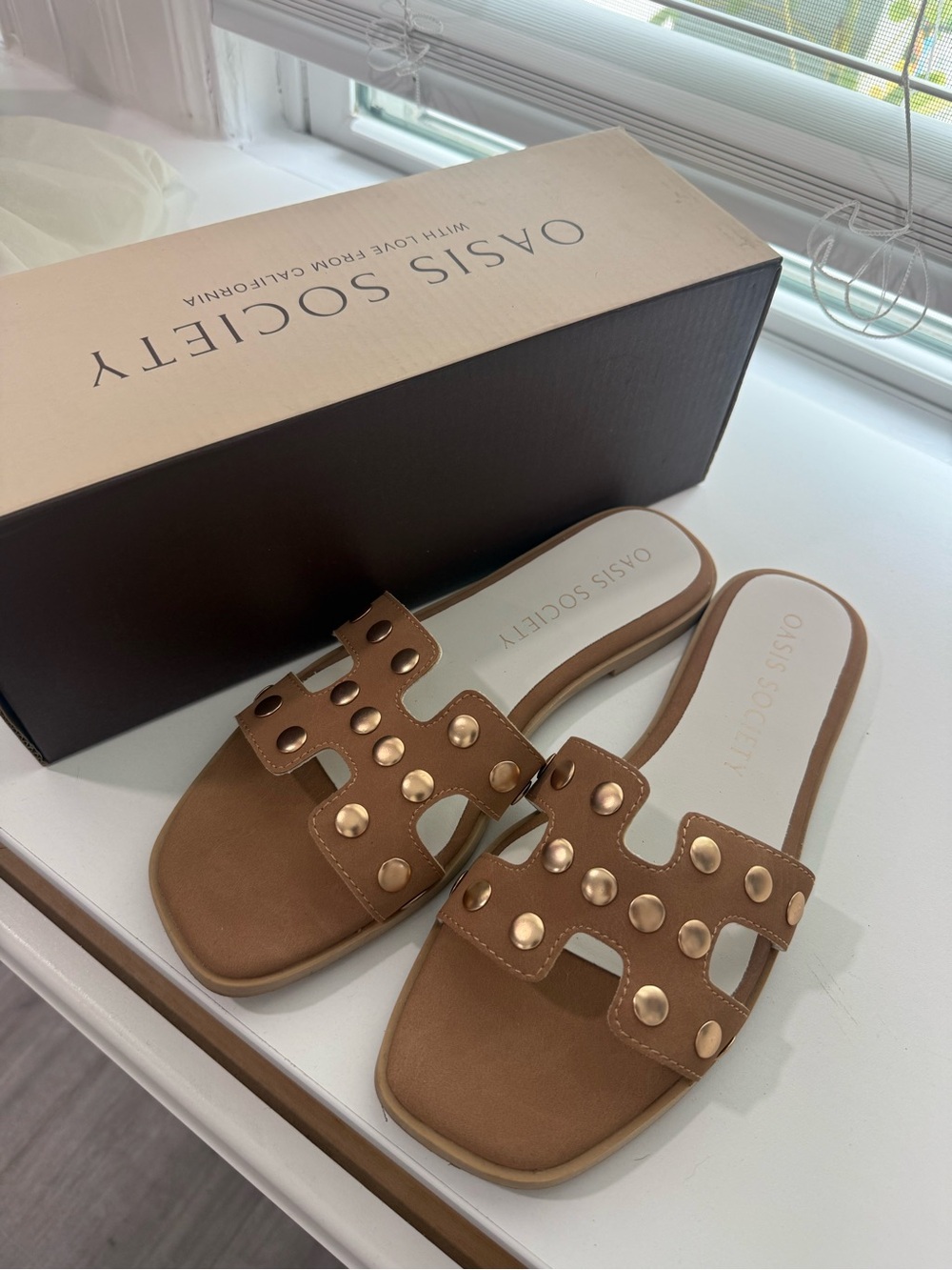 Oasis Society Tan Slide Sandals with Gold Stud Accents